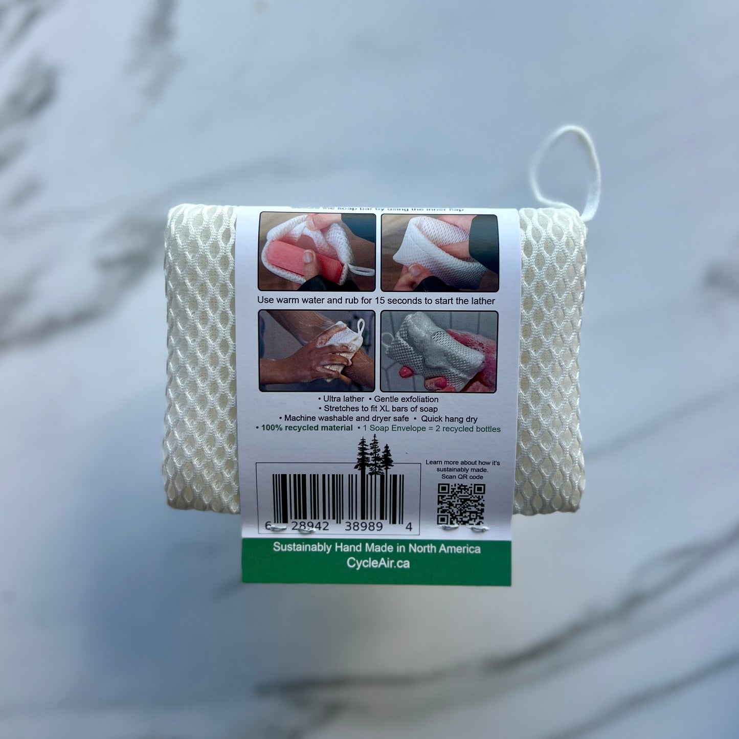 White soap envelope on a desk showing the manufacturer packaging