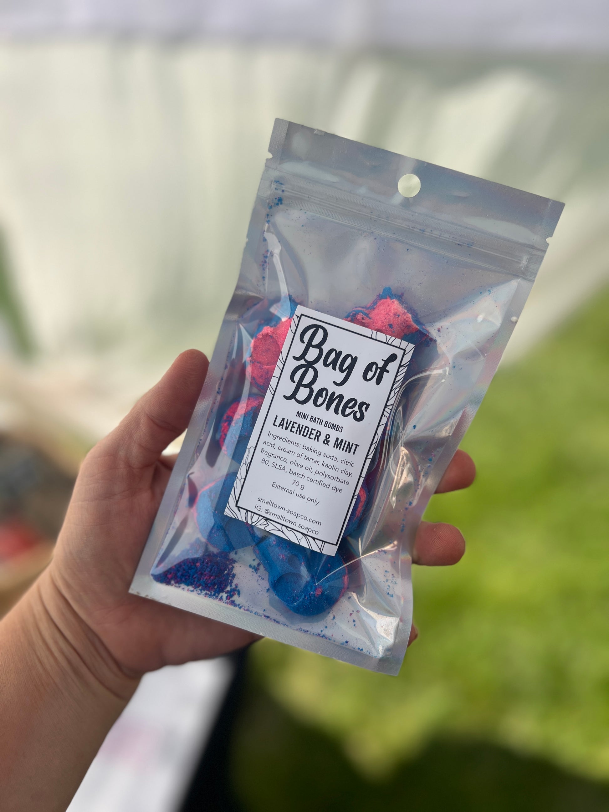 A holographic bag with blue and pink mini skull bath bombs with a label on top of the bag. The bag has a see through front. The bag is being held by a hand with a with curtain and grass in the background.